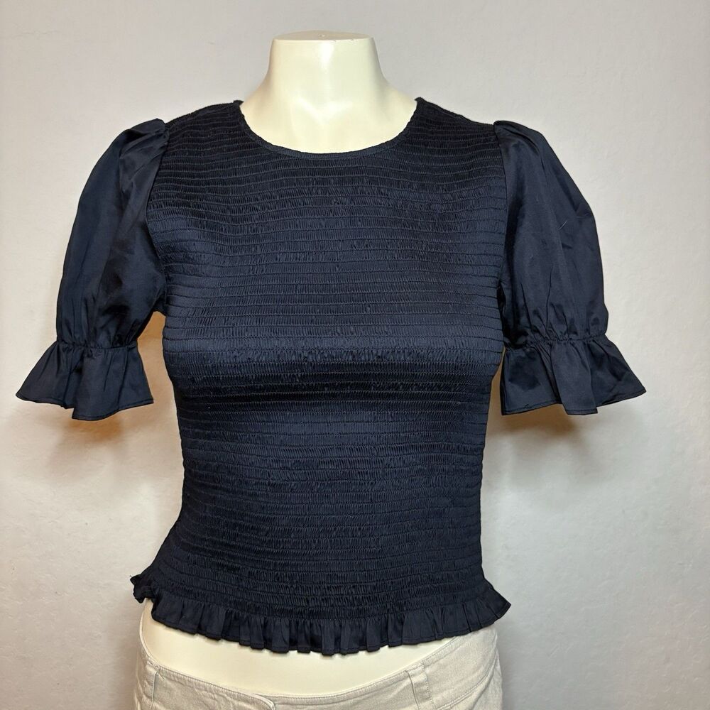 Reformation Womens Smocked Top Sz Medium Black Puff Sleeve Shirred Minimalist